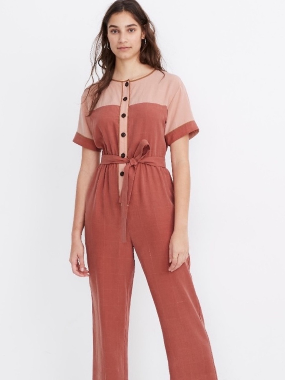 Madewell Colorblock Belted Jumpsuit Weathered Brick Pink Wide Leg M